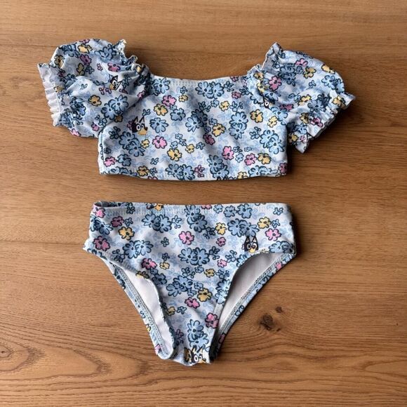 Bluey Baby Toddler Girl Blue Puff Sleeve Bikini Swimsuit Size 12 Months - Picture 1 of 4